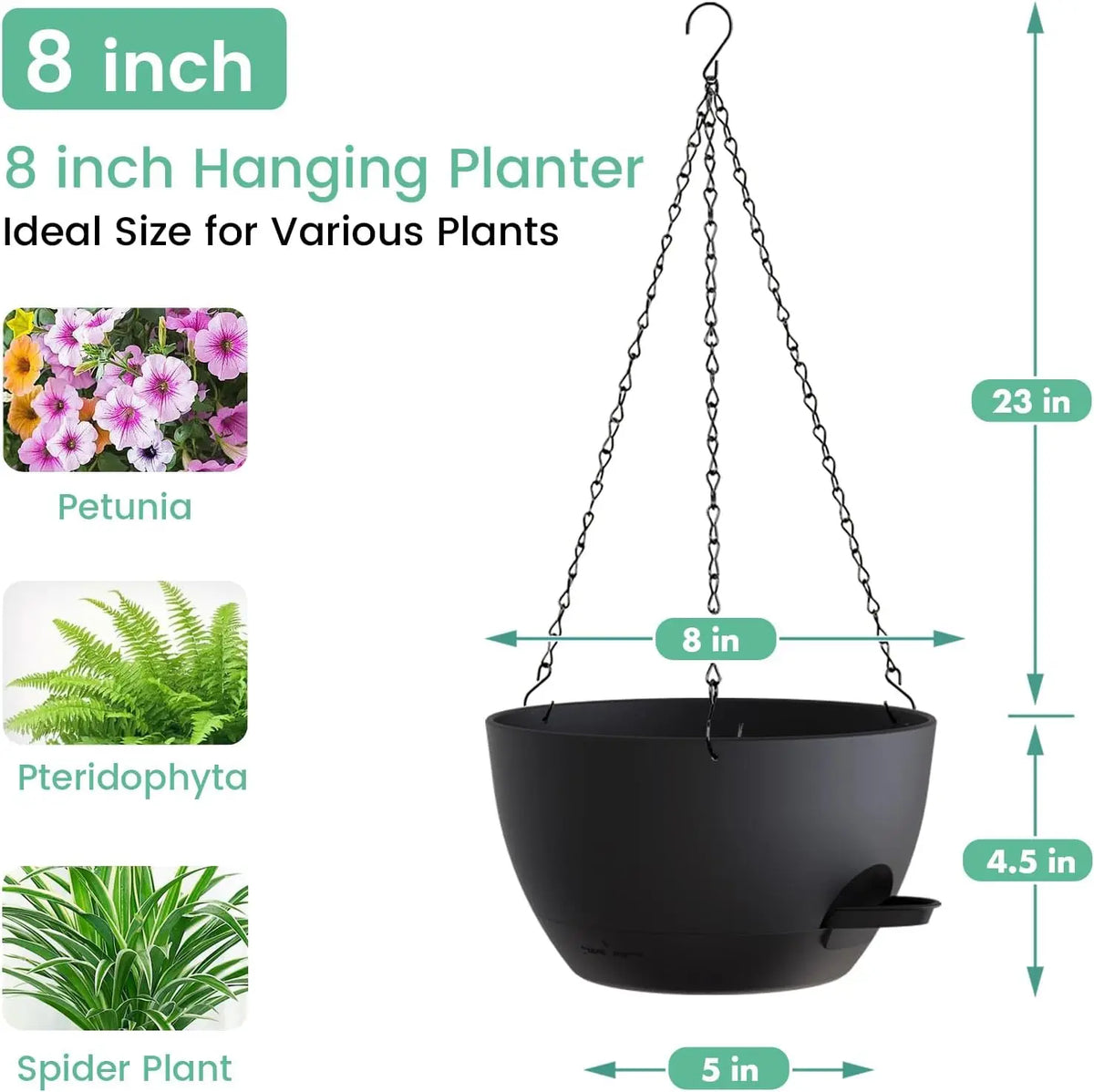 8 Inch Self Watering Hanging Planters for Indoor Outdoor Plants with Drainage Tray, Hanging Pots for Ivy Pothos Spider Garden