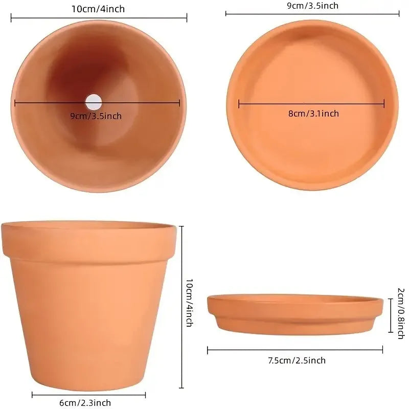 4pcs Terracotta Pots 4 Inch (4 Pack), Clay Pots for Plants with Drainage Hole and Saucer, Flower Pot with Tray, Large Terracotta