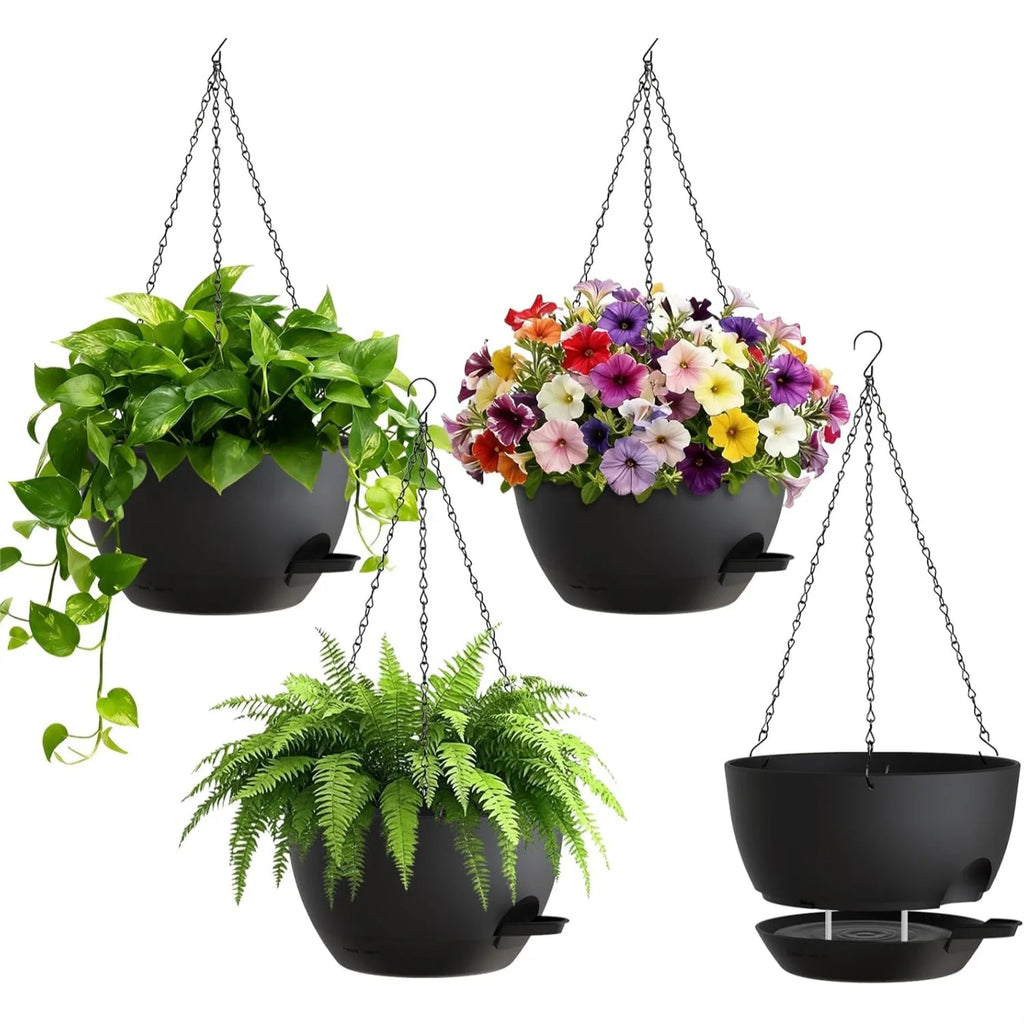 8 Inch Self Watering Hanging Planters for Indoor Outdoor Plants with Drainage Tray, Hanging Pots for Ivy Pothos Spider Garden